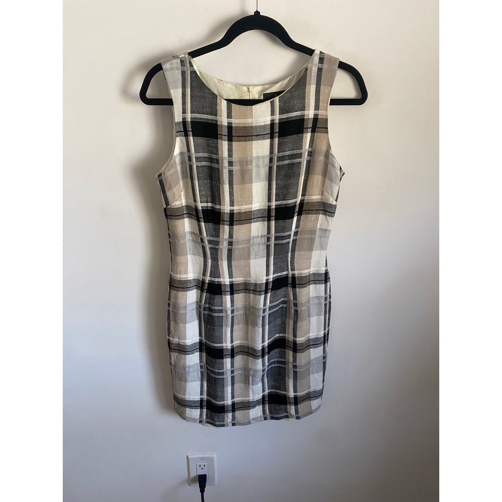 John Roberts Women Plaid Linen Blend Sleeveless Sheath Dress Tan Black Size 6